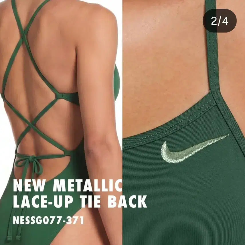 [BUNJANG] Nike Swim Metallic Lace-Up Tie-Back High-Cut Ribbed Green Swimsuit Size 30 / 나이키스윔수영복 메탈릭 레이스업 타이백 하이컷 골지그린 30