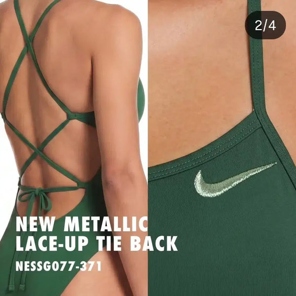 [BUNJANG] Nike Swim Metallic Lace-Up Tie-Back High-Cut Ribbed Green Swimsuit Size 30 / 나이키스윔수영복 메탈릭 레이스업 타이백 하이컷 골지그린 30