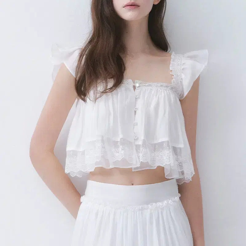 [BUNJANG] Dirtyz Glow Chiffon Lace Top Ivory White M / 더티스 글로우 쉬폰 레이스 탑 아이보리 화이트 M