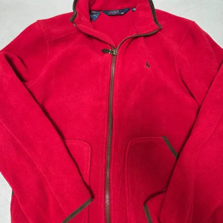 [BUNJANG] Polo Ralph Lauren Leather Trimmed Fleece Zip-Up Jacket Red L / 폴로 랄프로렌 레더 트리밍 플리스 집업 자켓