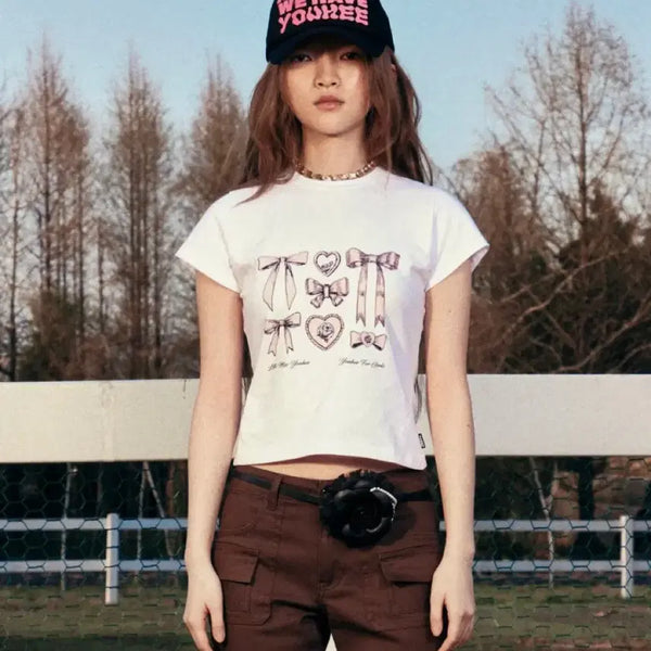 [BUNJANG] Youhee Ribbon Crop T-Shirt / 유희 youhee 리본 크롭 티셔츠