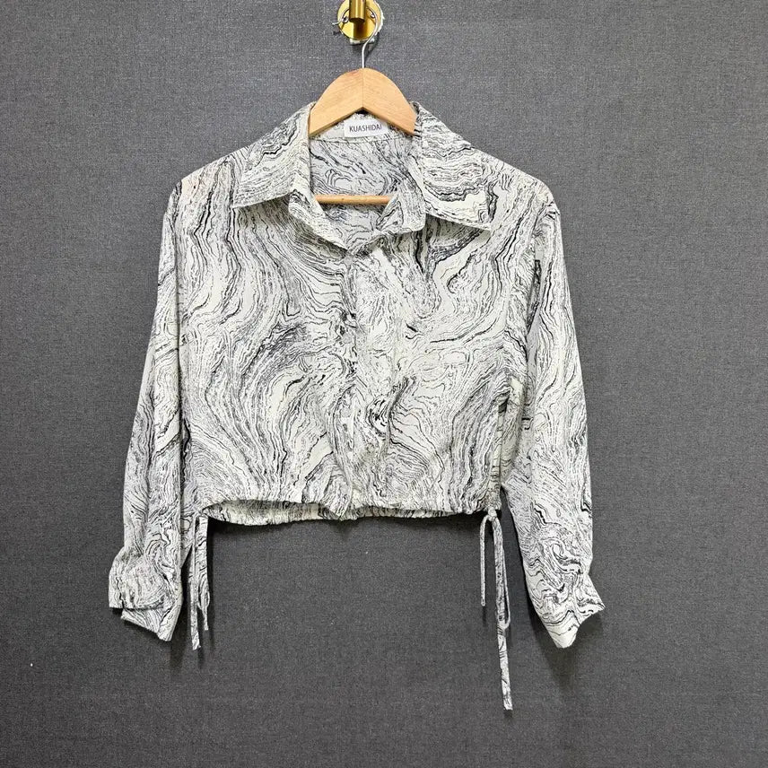 [BUNJANG] Women's Pattern String Cropped Shirt - Gray / F 여성 패턴 스트링 크롭 셔츠 그레이 BO2511