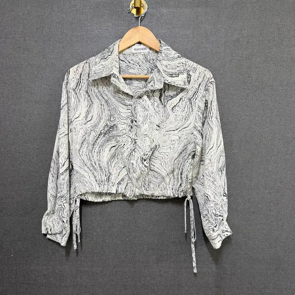 [BUNJANG] Women's Pattern String Cropped Shirt - Gray / F 여성 패턴 스트링 크롭 셔츠 그레이 BO2511
