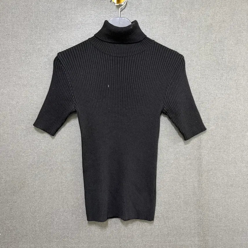 [BUNJANG] Women's Short Sleeve Turtleneck Ribbed Knit T-Shirt Black BO2512 / F 여성 반팔 터틀넥 골지 니트 티셔츠 블랙 BO2512