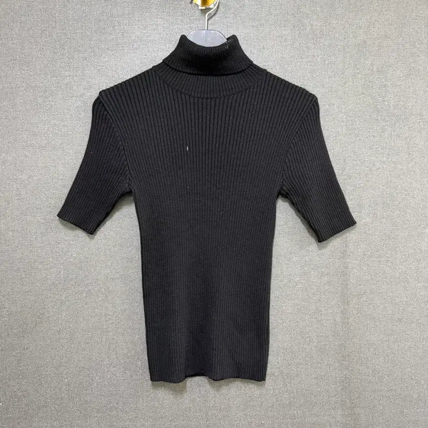 [BUNJANG] Women's Short Sleeve Turtleneck Ribbed Knit T-Shirt Black BO2512 / F 여성 반팔 터틀넥 골지 니트 티셔츠 블랙 BO2512