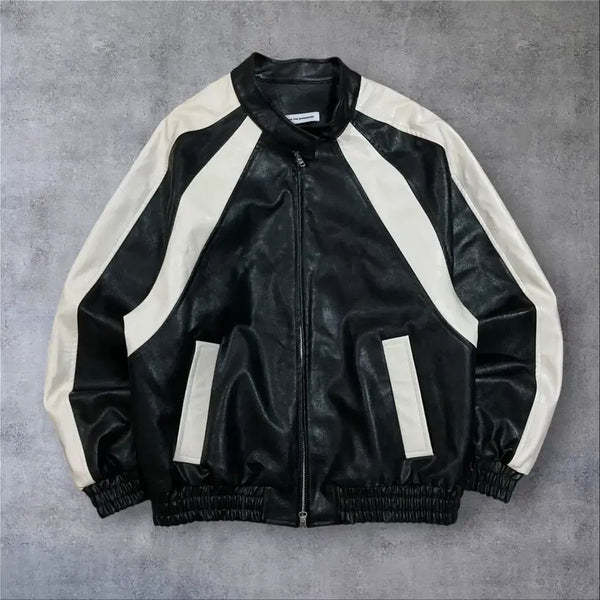 [BUNJANG] Meme The Wardrobe Color Block Leather Jacket / 밈더워드로브 블랙 화이트 배색 가죽 자켓