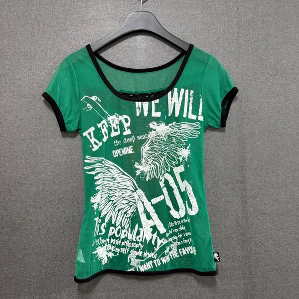 [BUNJANG] Women's 90 Mesh Punched Knit Short Sleeve T-Shirt Green BO2515 / 여성 90 메쉬 펀칭 니트 반팔 티셔츠 그린 BO2515