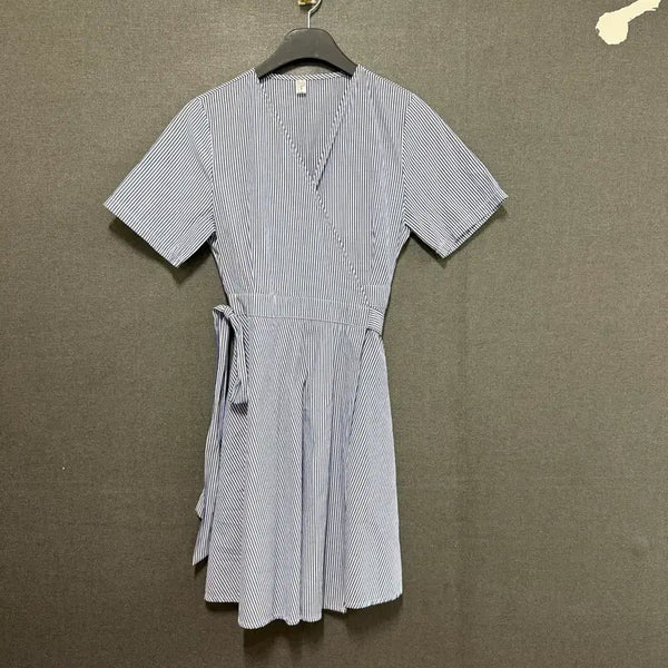 [BUNJANG] London Bus Women's Striped Short-Sleeve Wrap Dress Navy BO2517 / 런던버스 여성 F 스트라이프 반팔 랩 원피스 네이비 BO2517