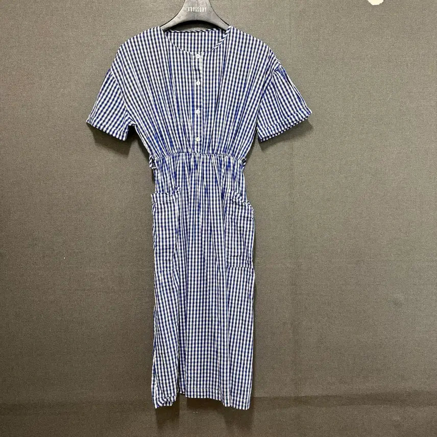 [BUNJANG] Women's Short Sleeve Long Dress with Blue Checkered Waistband / F 여성 블루 체크무늬 허리밴딩 반팔 롱 원피스 BO2518
