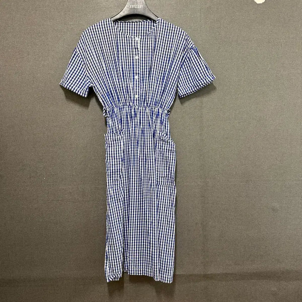 [BUNJANG] Women's Short Sleeve Long Dress with Blue Checkered Waistband / F 여성 블루 체크무늬 허리밴딩 반팔 롱 원피스 BO2518