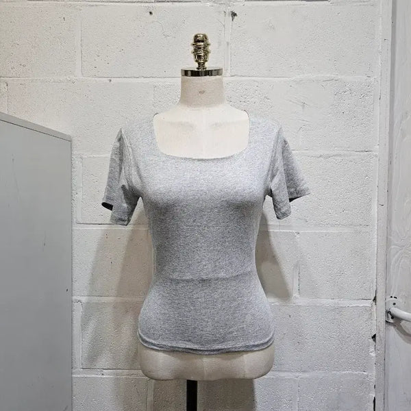 [BUNJANG] U-neck Short Sleeve T-Shirt - Light Gray / 허리라인 무지 가슴이중안감 유넥 반팔- 연그레이