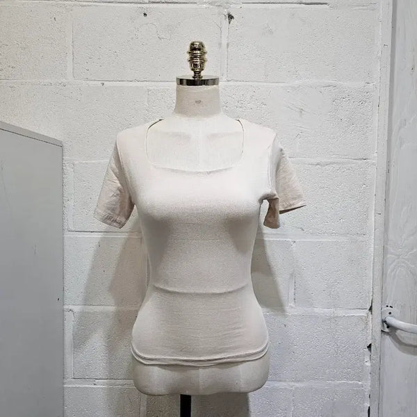 [BUNJANG] Basic U-Neck Short Sleeve Top - Light Beige / 허리라인 무지 가슴이중안감 유넥 반팔- 연베이지