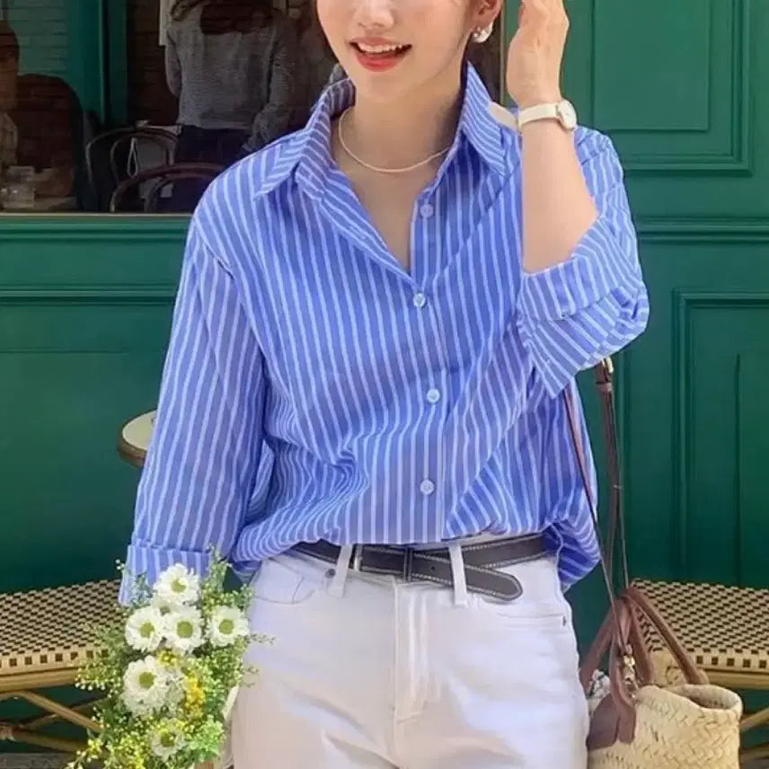[BUNJANG] Blue Stripe Women's Shirt / 블루 스트라이프 여성 셔츠