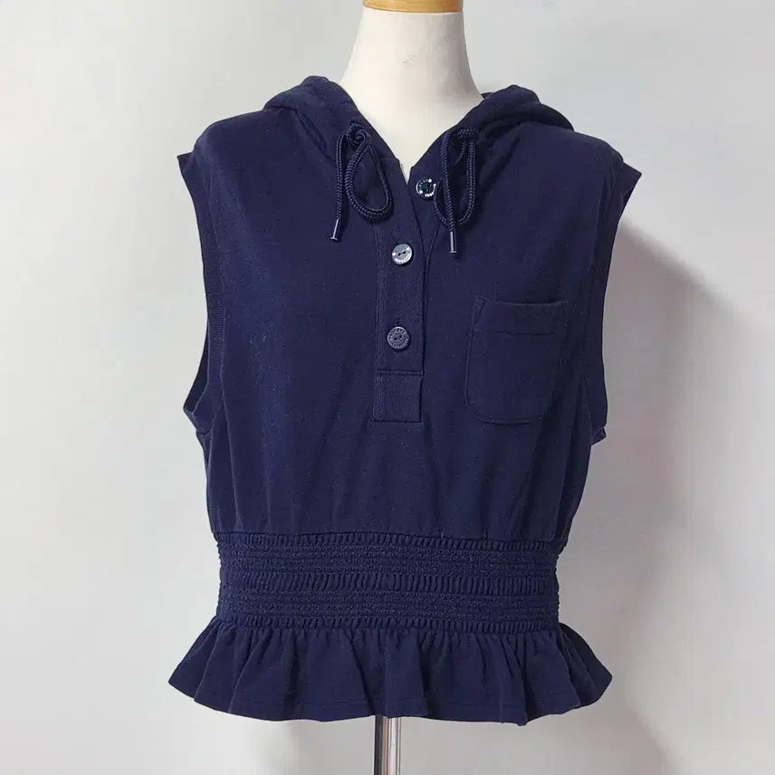 [BUNJANG] Lucky Chouette Navy Hooded Shirring Bustier Vest / 럭키슈에뜨 네이비 후드 셔링 뷔스티에 베스트 조끼 36