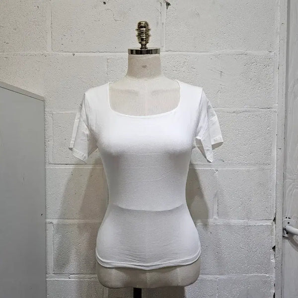 [BUNJANG] U-Neck Short Sleeve Top - White / 허리라인 무지 가슴이중안감 유넥 반팔- 화이트