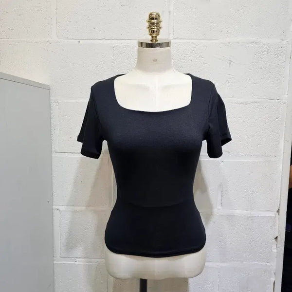 [BUNJANG] U-Neck Short Sleeve T-Shirt - Black / 허리라인 무지 가슴이중안감 유넥 반팔- 블랙