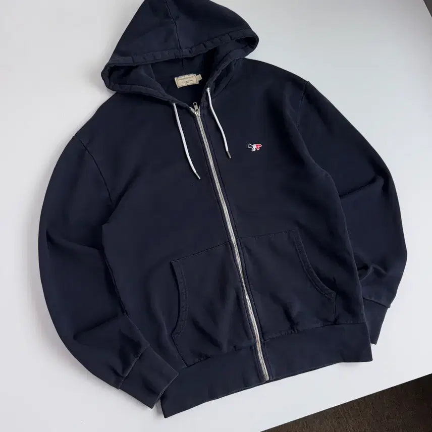[BUNJANG] Maison Kitsuné Tricolore Embroidered Cotton Black Hooded Zip-Up / Maison kitsune  메종키츠네 트리컬러 자수 코튼 블랙 후드집업
