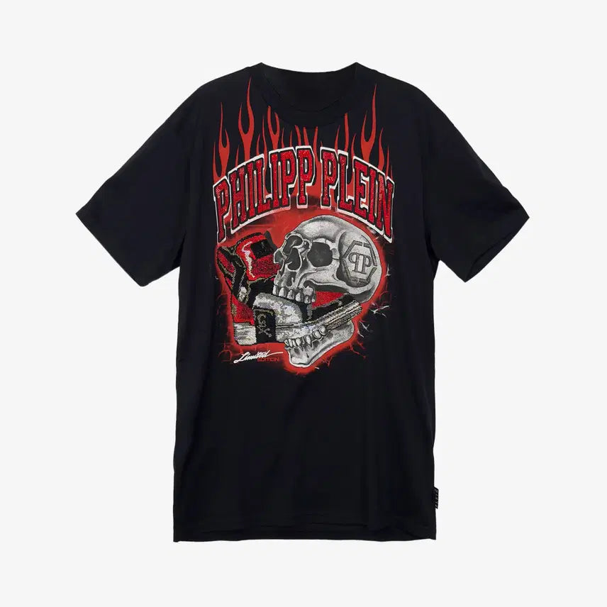 [BUNJANG] Philipp Plein Skull Fire Crystal Rhinestone T-Shirt Black / 미사용 필립플레인 스컬 파이어 크리스탈 라인스톤 티셔츠 블랙 OGUKEGLE