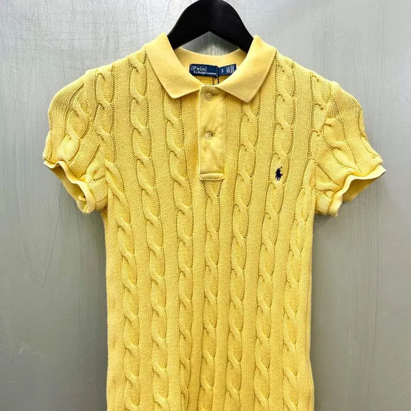 [BUNJANG] Polo Ralph Lauren Yellow Cable Knit Short Sleeve Polo Shirt / Polo 폴로 랄프로렌 옐로 케이블 니트 반소매 카라티
