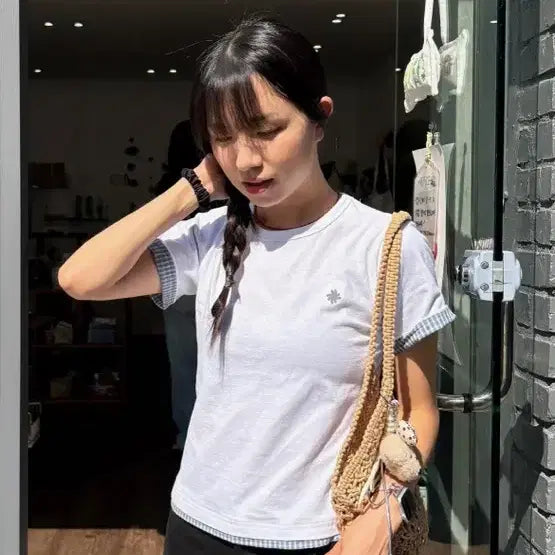 [BUNJANG] Slow Record House Layered Check Roll-Up T-Shirt White / [새상품] 슬로우 레코드 하우스 레이어드 체크 롤업 티셔츠_화이트