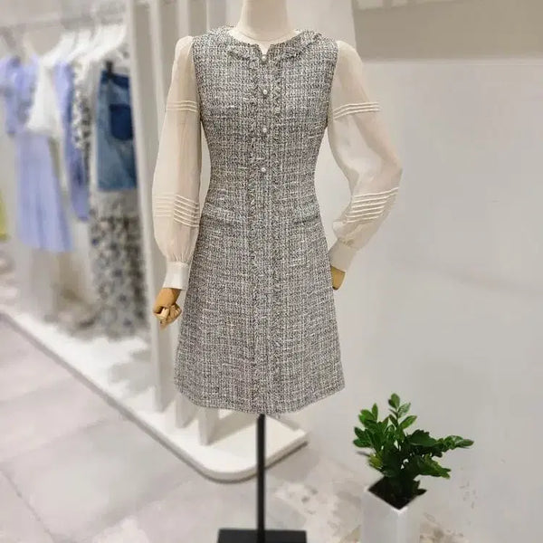 [BUNJANG] It MICHAA Tweed Dress Long Sleeve Pearl Button Detail / 잇미샤 트위드 원피스 고급소매 롱슬리브