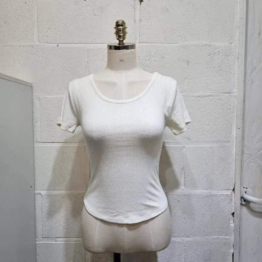 [BUNJANG] Ribbed Short Sleeve T-Shirt - Cream / 밑단u 앞뒤 라운드 골지 반팔- 크림색