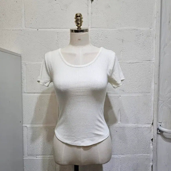 [BUNJANG] Ribbed Short Sleeve T-Shirt - Cream / 밑단u 앞뒤 라운드 골지 반팔- 크림색