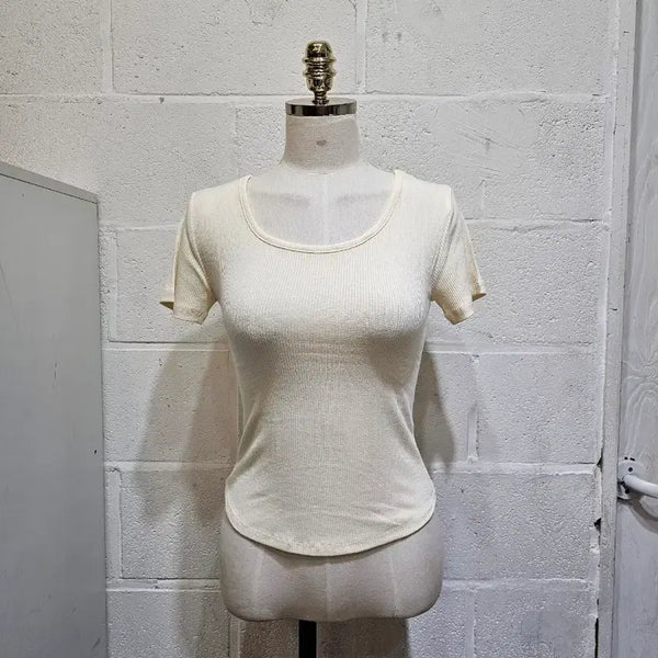[BUNJANG] Ribbed Short Sleeve T-Shirt - Light Yellow / 밑단u 앞뒤 라운드 골지 반팔- 연노랑