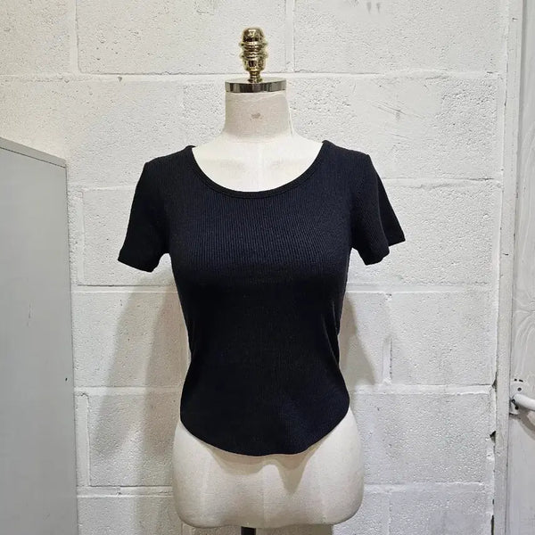 [BUNJANG] Ribbed Half Sleeve T-Shirt - Black / 밑단u 앞뒤 라운드 골지 반팔- 블랙