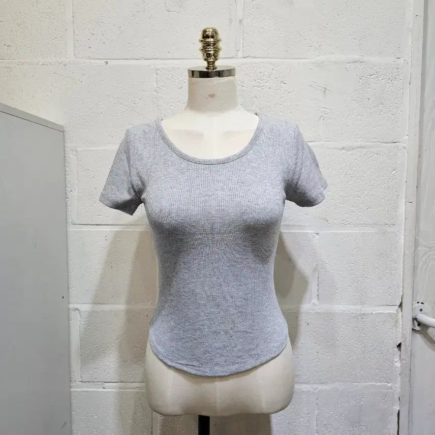 [BUNJANG] Ribbed Half-Sleeve T-Shirt - Gray / 밑단u 앞뒤 라운드 골지 반팔- 그레이