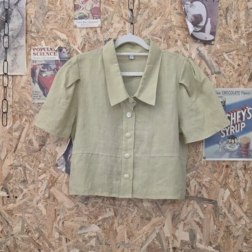 [BUNJANG] Linen Puff Sleeve Short Sleeve Shirt - Free Size / 린넨 퍼프 소매 반팔 셔츠 F