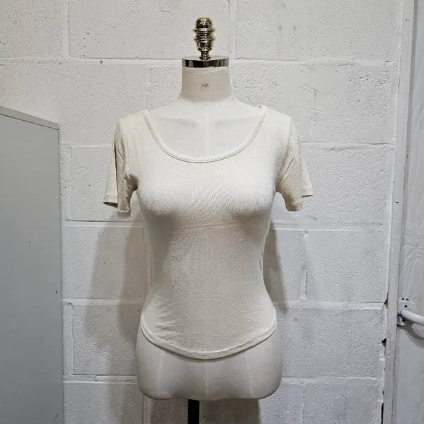 [BUNJANG] Soft Ribbed Round Neck Short Sleeve T-Shirt - Beige / 밑단u 앞뒤 라운드 잔골지 부드러운 반팔- 베이지