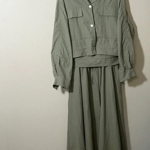 [BUNJANG] Khaki Crinkled Shirt and Long Skirt Set / 카키 바스락 셋업