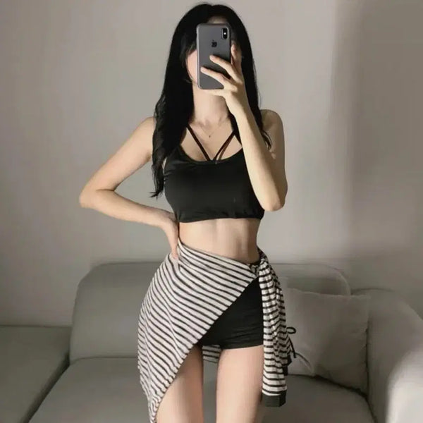 [BUNJANG] Stripe Cover-Up Bikini Set / 스트라이프 커버업 비키니 세트