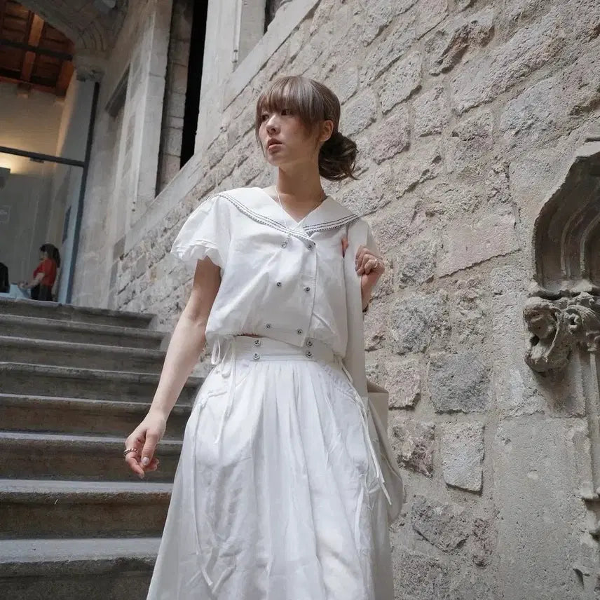 [BUNJANG] Pleta Sailor Blouse & Skirt Set-up White / 플레따 세일러 블라우스 스커트 셋업 화이트