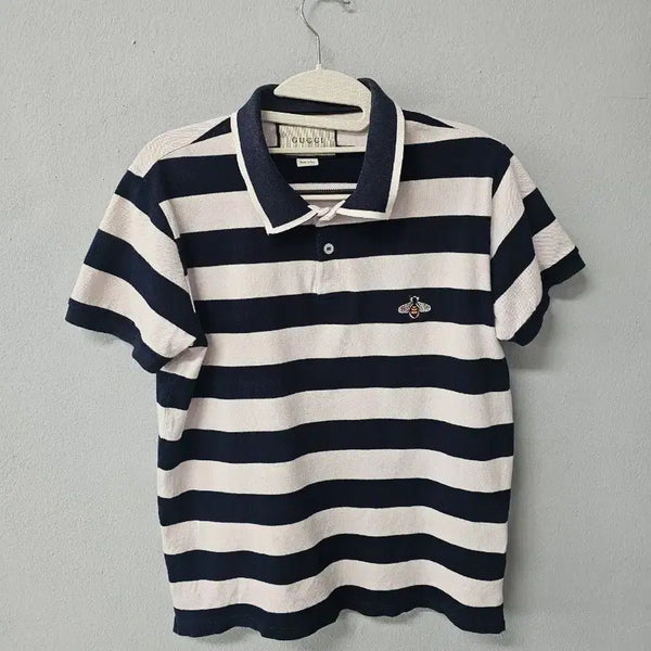 [BUNJANG] Gucci Stripe Bee Embroidered Short Sleeve Polo Shirt / 구찌 스트라이프 꿀벌 반팔 카라티
