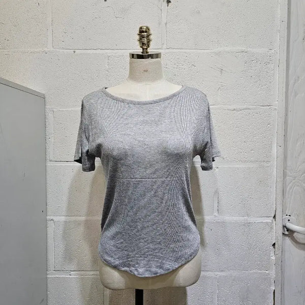 [BUNJANG] Relaxed Fit Ribbed Round Neck Short Sleeve Top - Light Gray / 밑단u 여유핏 찰랑한 골지 라운드 반팔- 연그레이