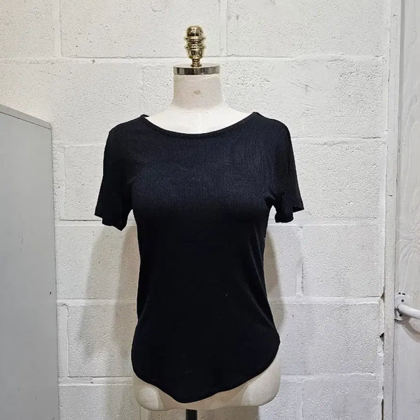 [BUNJANG] Relaxed Fit Ribbed Round Neck Short Sleeve Top - Black / 밑단u 여유핏 찰랑한 골지 라운드 반팔- 블랙