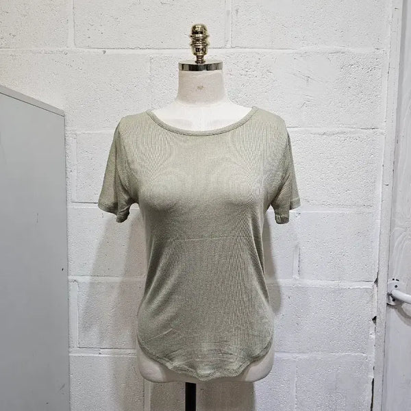[BUNJANG] Relaxed Fit Ribbed Round Neck Short Sleeve Top - Light Khaki / 밑단u 여유핏 찰랑한 골지 라운드 반팔- 연카키