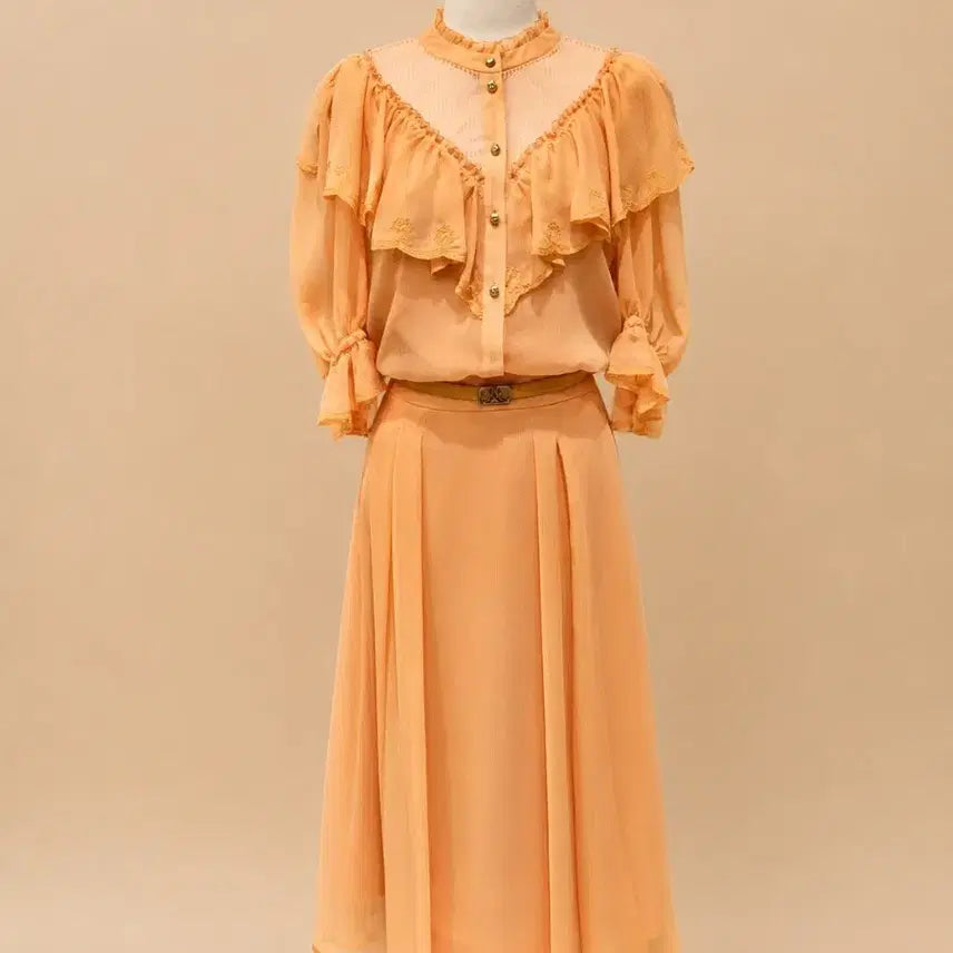 [BUNJANG] MICHAA Orange Chiffon Frill Blouse and Skirt Two-Piece Set / 미샤 블라우스 스커트  투피스 오렌지