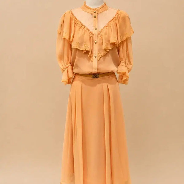 [BUNJANG] MICHAA Orange Chiffon Frill Blouse and Skirt Two-Piece Set / 미샤 블라우스 스커트  투피스 오렌지