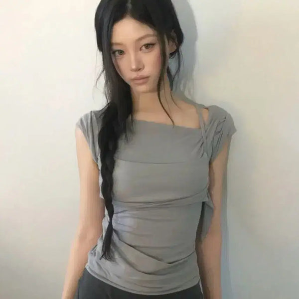 [BUNJANG] Flareup Layered Bustier T-Shirt Gray / 플레어업 Layered Bustier T-Shirt 그레이