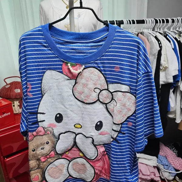 [BUNJANG] Hello Kitty Striped Short Sleeve T-Shirt / 헬로키티 스트라이프 반팔 티셔츠