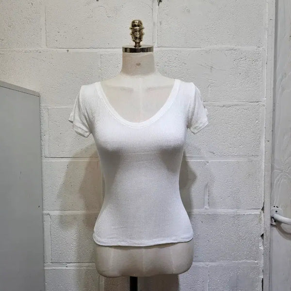 [BUNJANG] Ribbed V-Neck Wide Short Sleeve Top - White / 허리라인 찰랑 와이드 브이넥 골지 반팔- 화이트