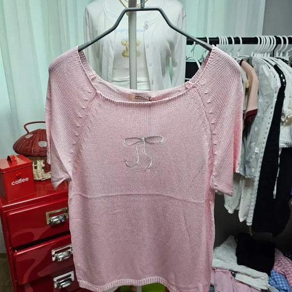 [BUNJANG] Pink Ribbon Knit Sweater / 핑크 리본 니트