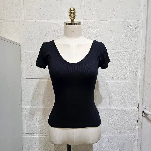 [BUNJANG] V-Neck Ribbed Short Sleeve Top - Black / 허리라인 찰랑 와이드 브이넥 골지 반팔- 블랙