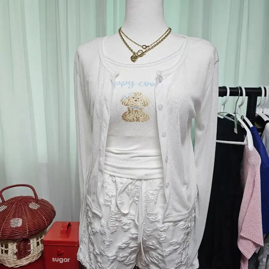 [BUNJANG] White Teddy Bear Cap Sleeve Cardigan & Shorts Set / 화이트 테디베어 캡  나시 가디건 반바지 세트