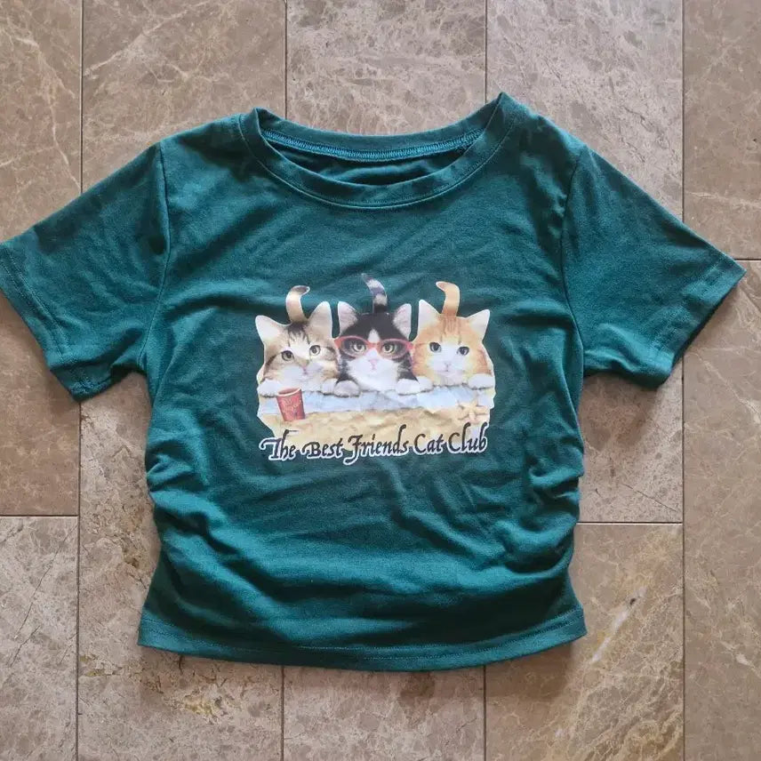 [BUNJANG] Three Cute Cats Graphic T-Shirt / 귀여운 고양이 세마리 반팔 청록 티셔츠