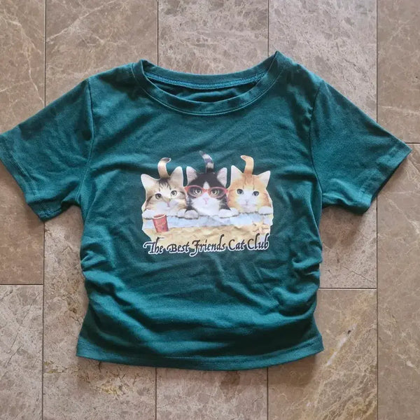 [BUNJANG] Three Cute Cats Graphic T-Shirt / 귀여운 고양이 세마리 반팔 청록 티셔츠