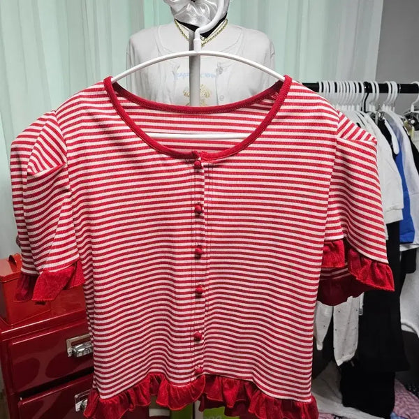 [BUNJANG] Red Striped Ruffle Cardigan / 빨간색 단가라 캉캉 프릴 가디건